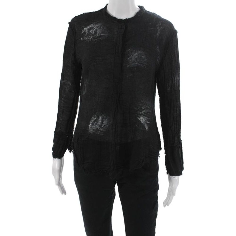Jaga Women Black Linen Collared Button Long Sleeve Basic Blouse Size M